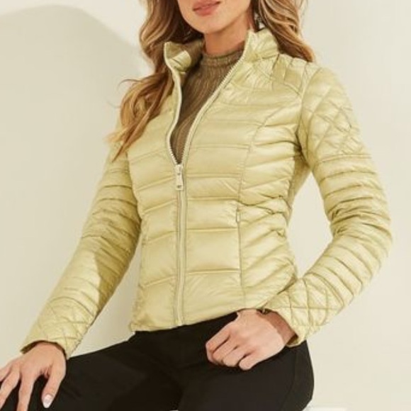 (NEW) GUESS Green Down Filled Quilted Puffer Jacket with Hidden Zippered Hood - Picture 11 of 11